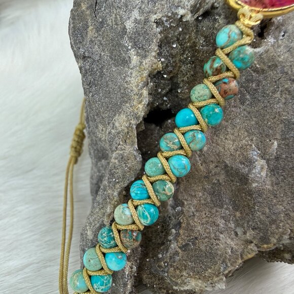 Natural Turquoise Stone Beaded Bracelet Jasper Gemstone Heart Charm Bracelet - Picture 4 of 7